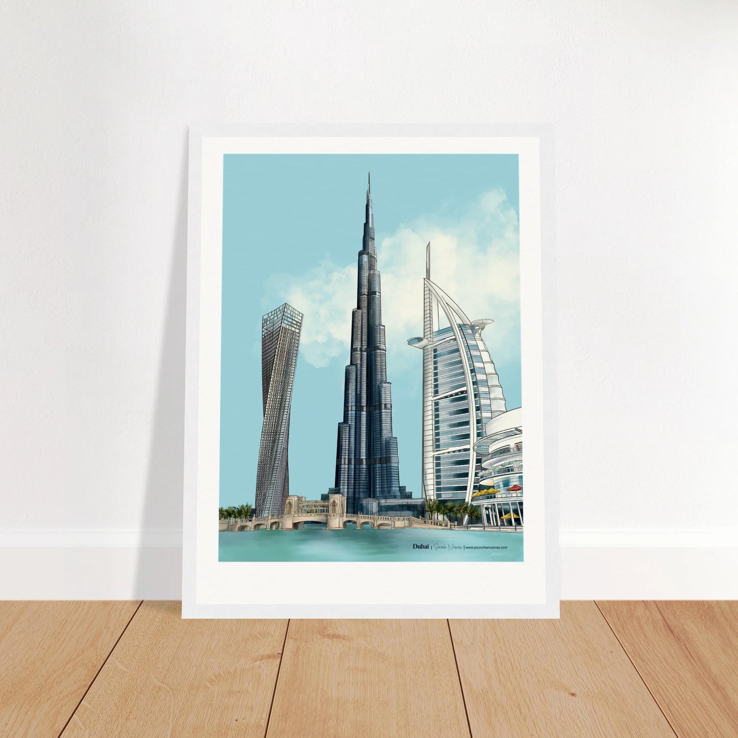 Dubai - Subtle Typography city print, 30x40cm with white frame - highlighting Burj Khalifa, Burj Al Arab, Cayan Tower, and Dubai Mall in delicate shades for a bright, elegant display.
