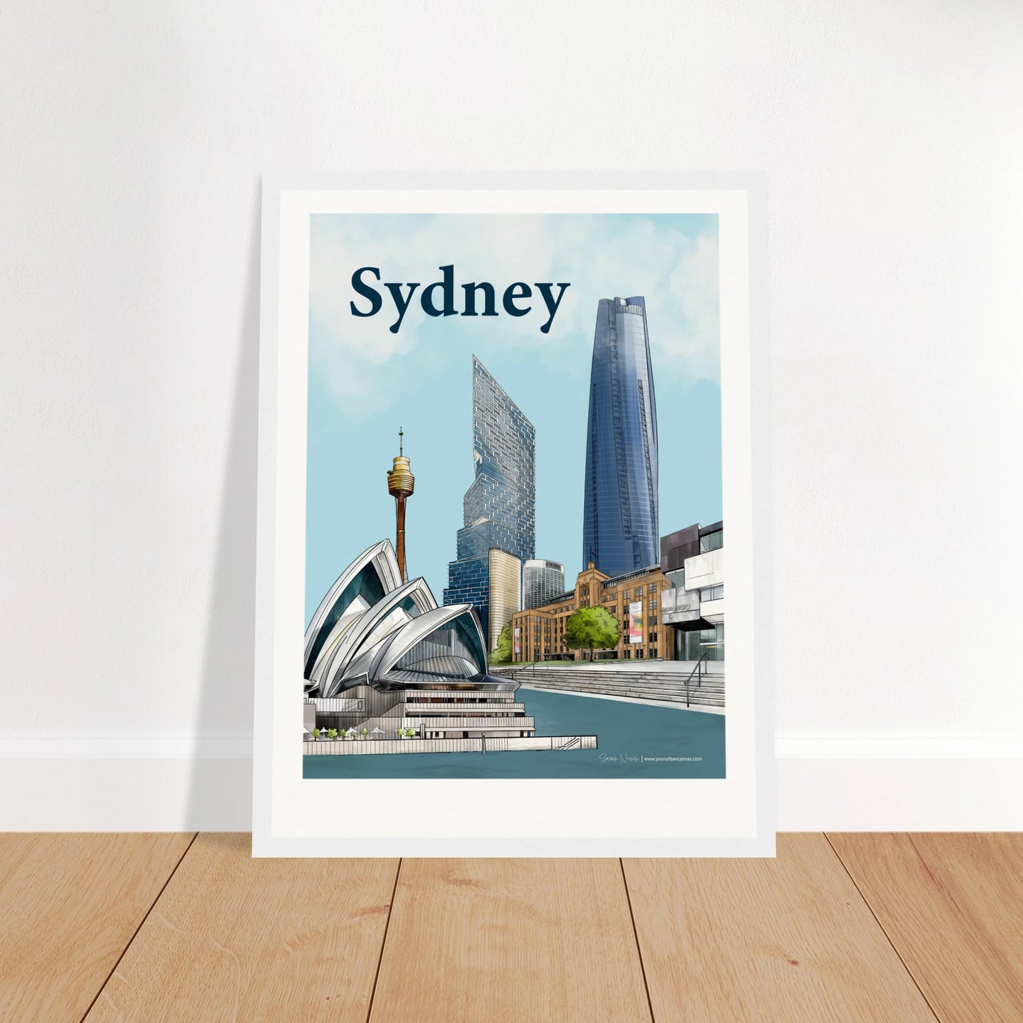 Sydney - Bold Typography print, size 30x40cm, framed in white wood, capturing the energy of Sydney with the Opera House, MCA, Harbour, One Barangaroo, Quay Quarter Tower, and Sydney Tower Eye.