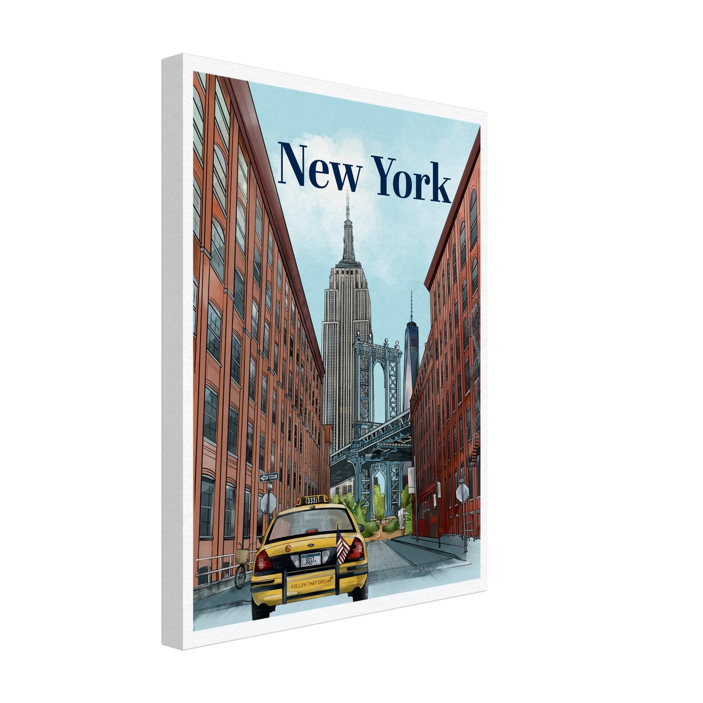 New York - Bold Typography on canvas, size 30x40cm, featuring the Manhattan Bridge from Dumbo, with NYC's famous skyline, a yellow taxi, and urban street signage