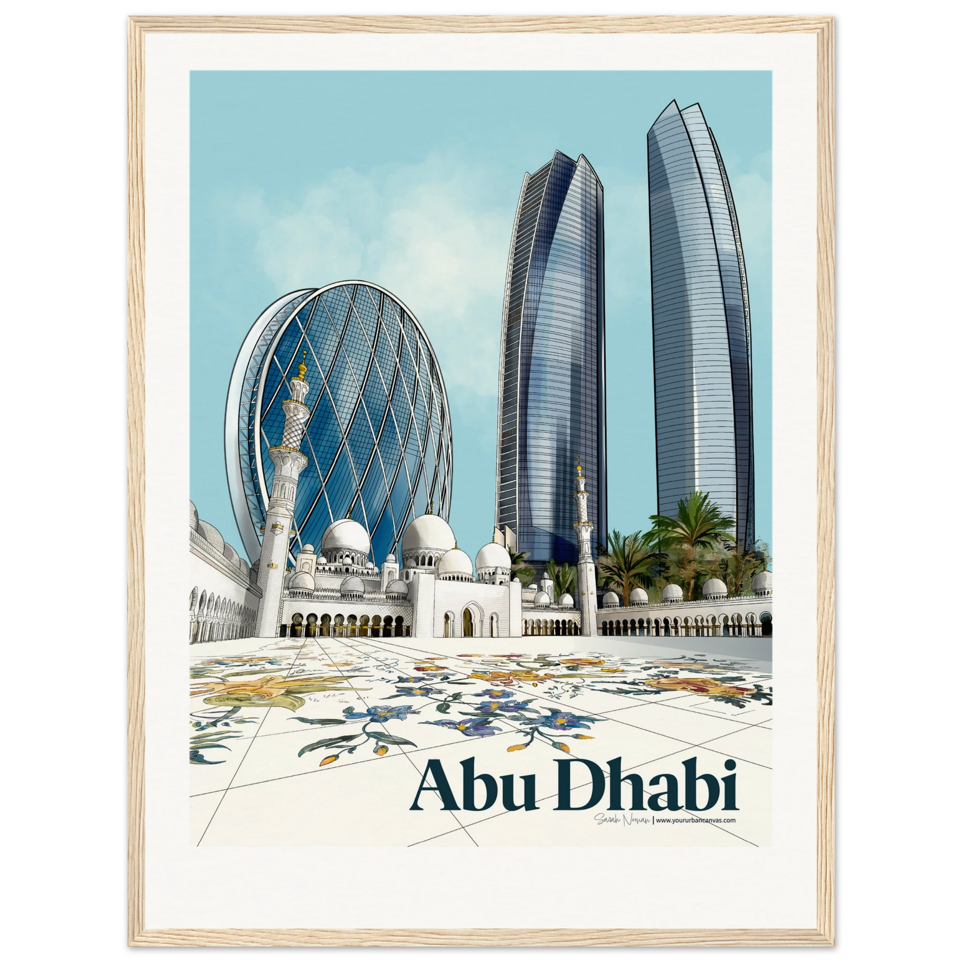 Abu Dhabi - Elegant Bold Typography city print in wood frame, mosque and skyline design - 45x60cm.