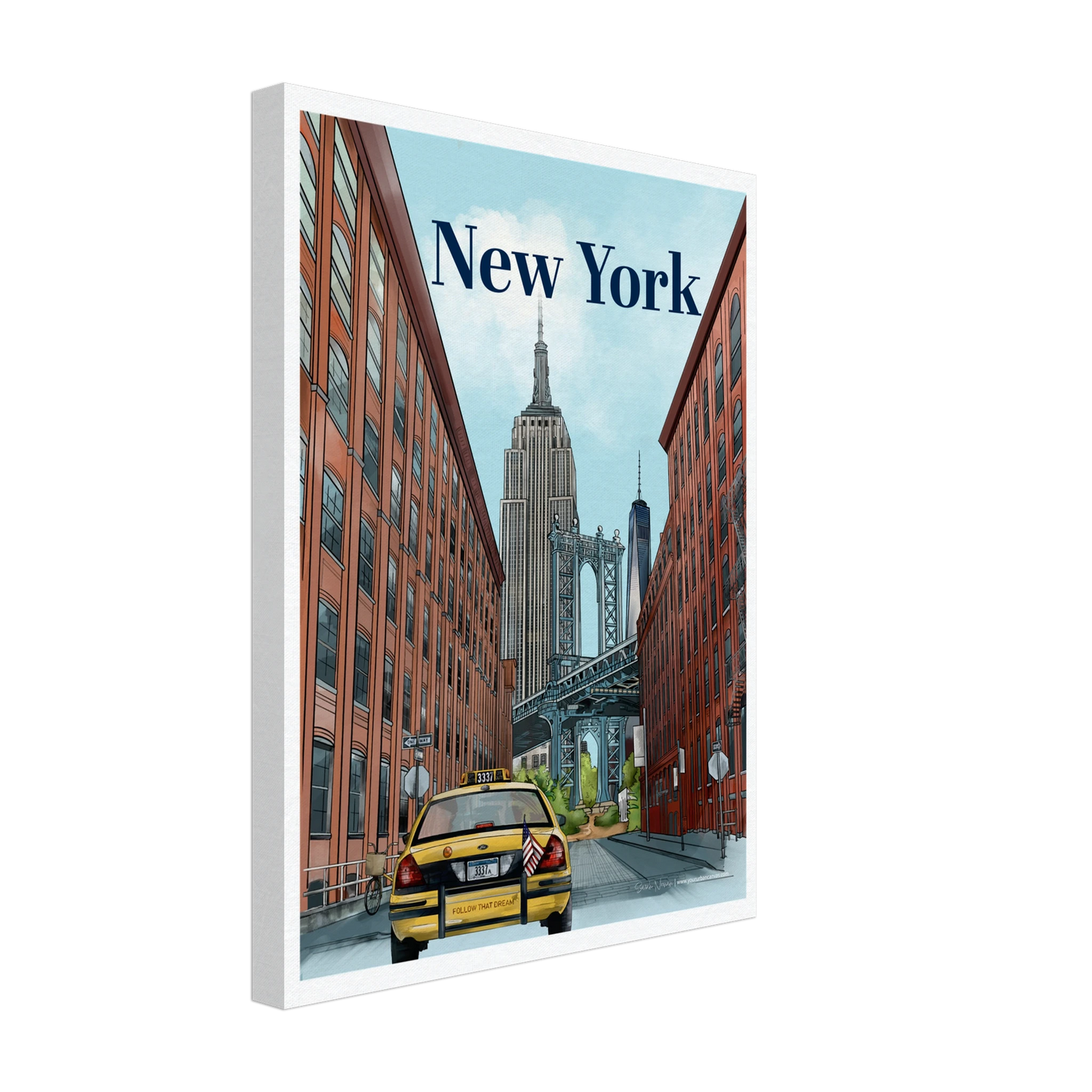 New York - Bold Typography on canvas, size 30x40cm, featuring the Manhattan Bridge from Dumbo, with NYC's famous skyline, a yellow taxi, and urban street signage