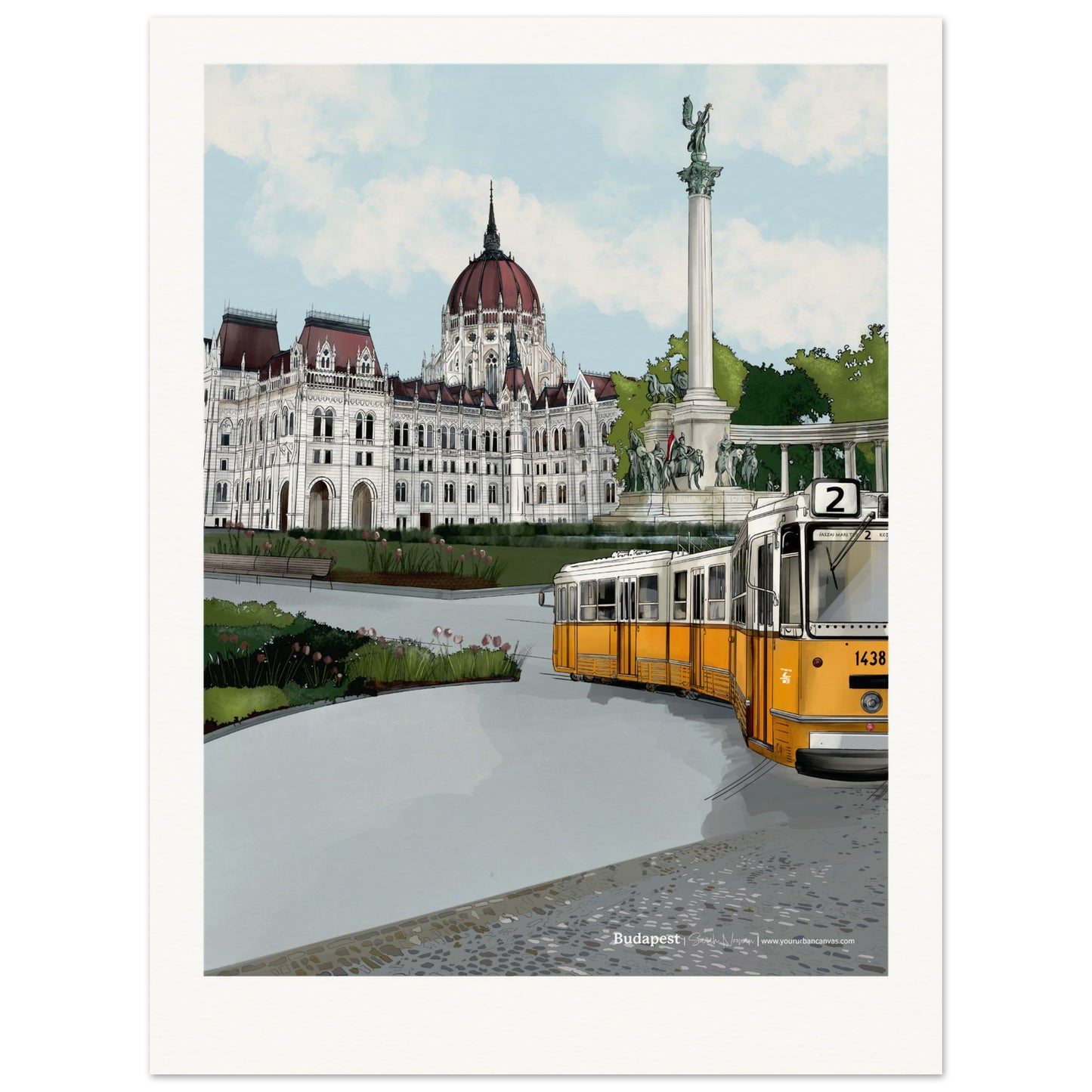 Budapest - Personalised Subtle Title print, capturing the grandeur of the Parliament of Budapest, Heroes' Square, and the iconic yellow tram weaving through the cobbled streets, customisable with your chosen text.