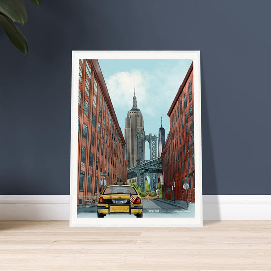NY energy for your walls with art prints featuring the Dumbo Manhattan Bridge, Empire State Building, and iconic yellow cabs.