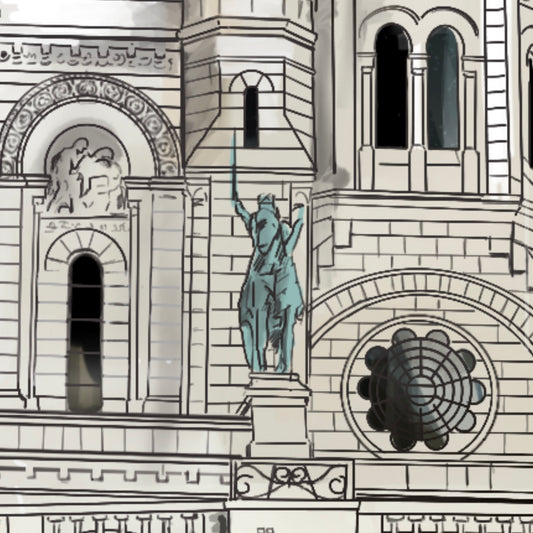 Decorative architectural painting detail of the Sacre-Coeur with a statue on a building facade. 
