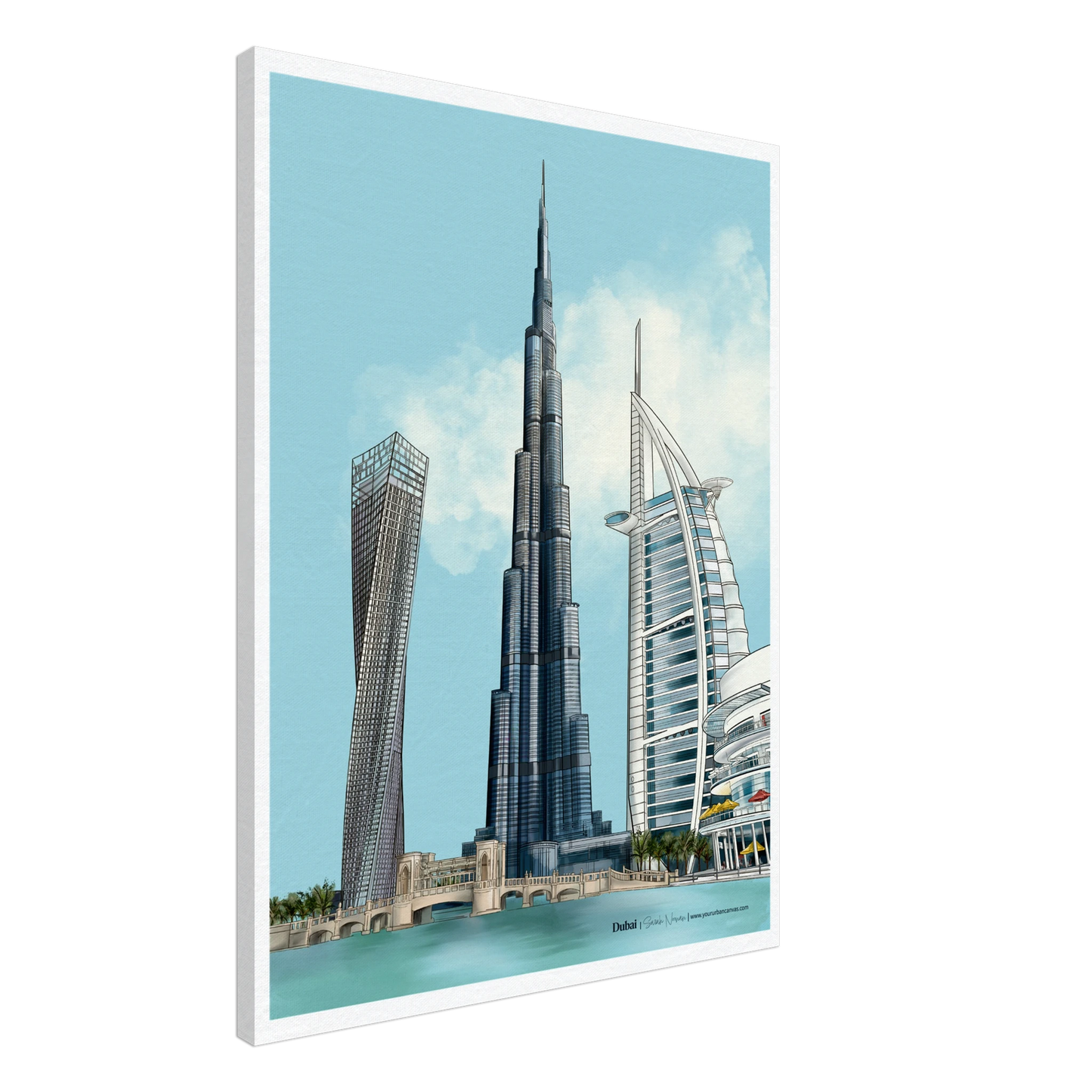 Dubai - Subtle Typography city canvas,  60x80cm - soft, artistic rendering of Burj Khalifa, Burj Al Arab, Cayan Tower, and Dubai Mall, bringing a serene Dubai cityscape into your home.