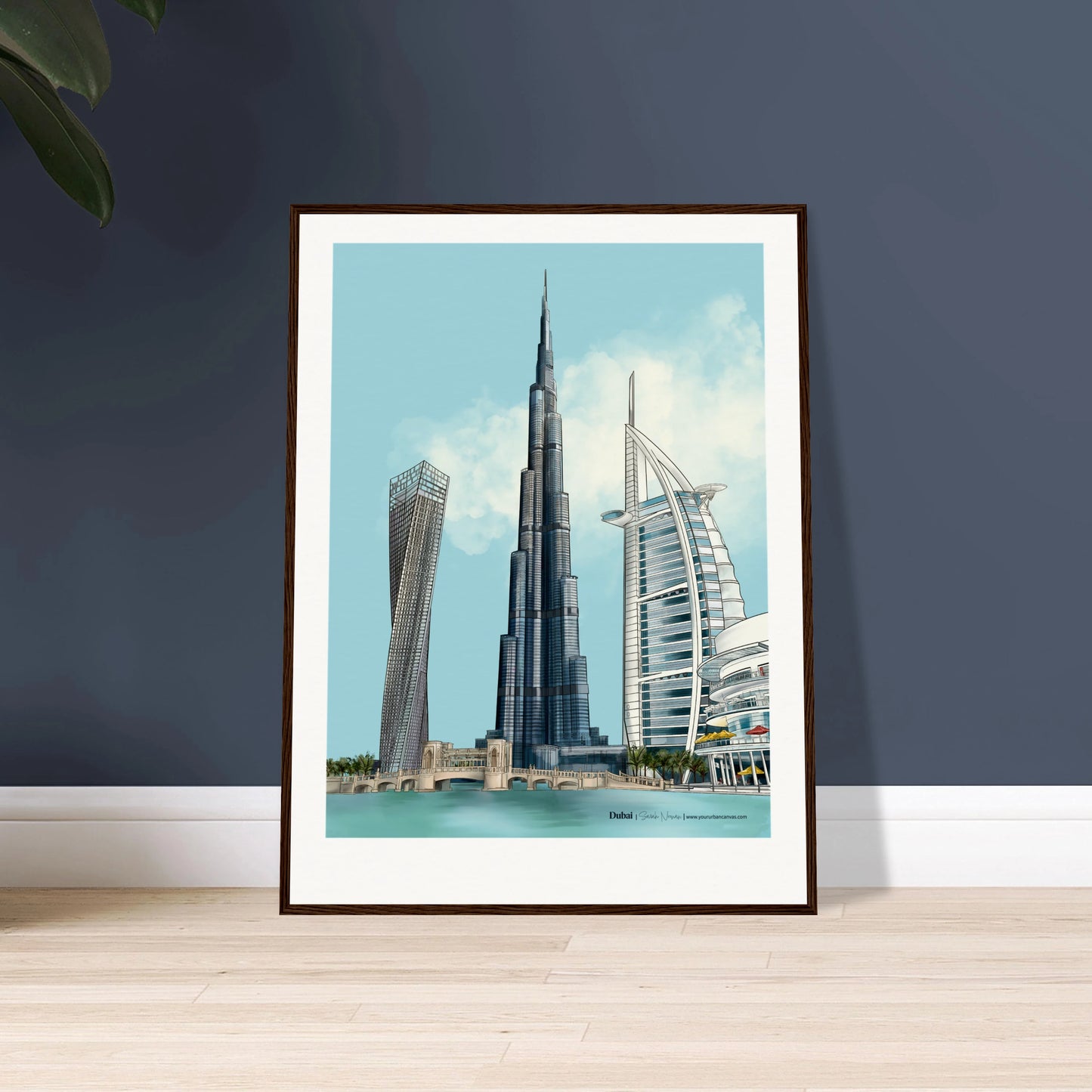 Dubai Painting with Burj Khalifa, Burj Al Arab, Dubai Mall.  Deep architectural details. Bright and many shades of blue. 