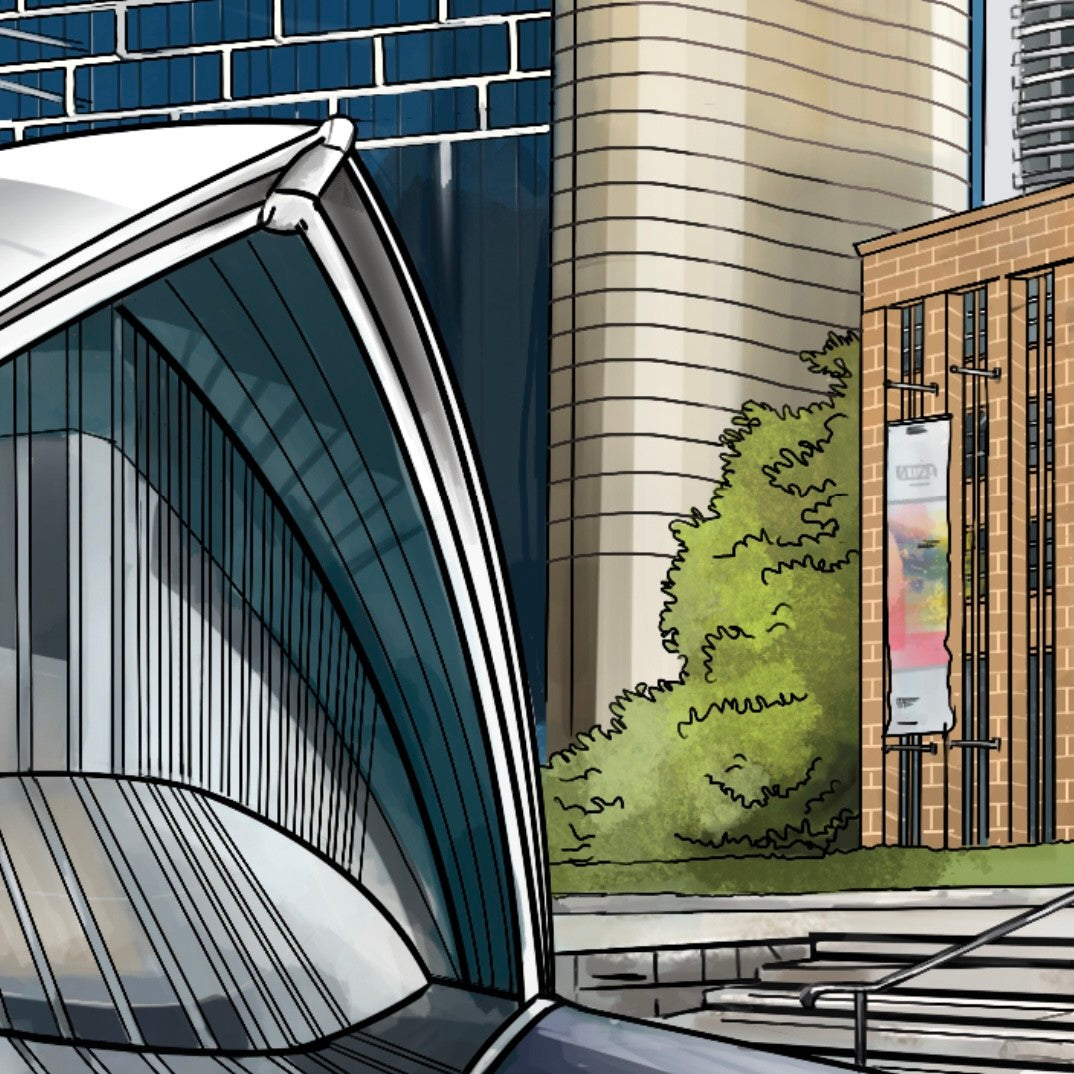 Close-up of Your Urban Canvas Sydney painting, focusing on the architectural details of the Sydney Opera House roof, showcasing its iconic sail-like design.