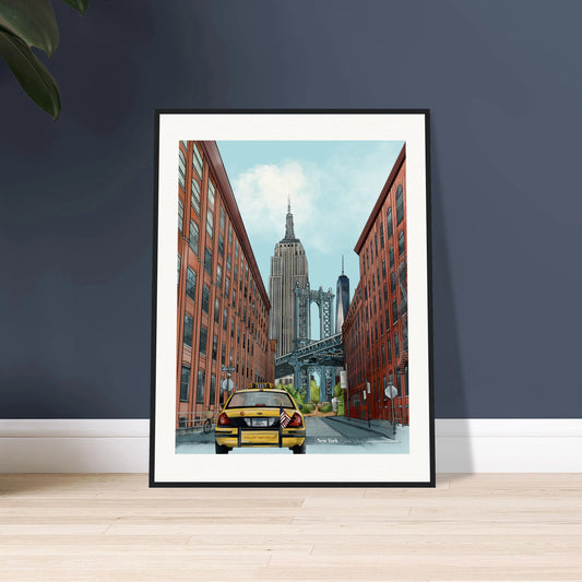Wall Art by Sarah Noonan of Your Urban Canvas New York painting, highlighting the intricate details of the Manhattan Bridge with its steel structure and urban cityscape.