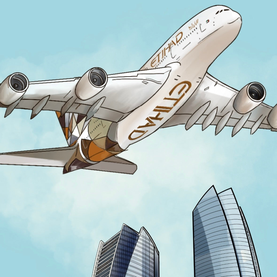 Abu Dhabi Cityscape Art Print | Etihad Airways Airbus A380