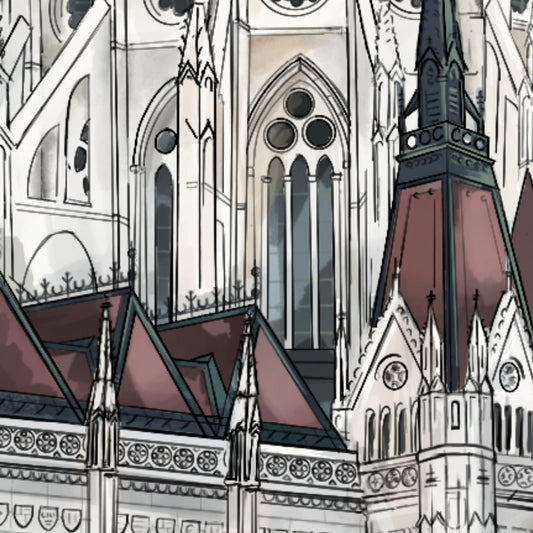 Close up architecturally detailed painting of the Grand Parliament Building in Budapest, Hungary.  