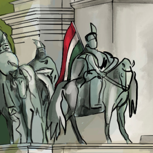 Your Urban Canvas close-up of statues at Heroes' Square in Budapest, highlighting the intricate details and grandeur of the historical figures in the monument.