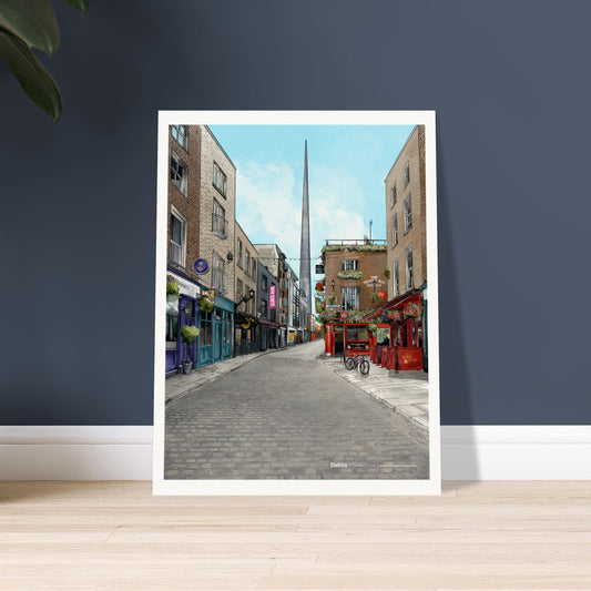 Digital artwork of Dublin's Temple Bar displayed against a dark wall interior. 