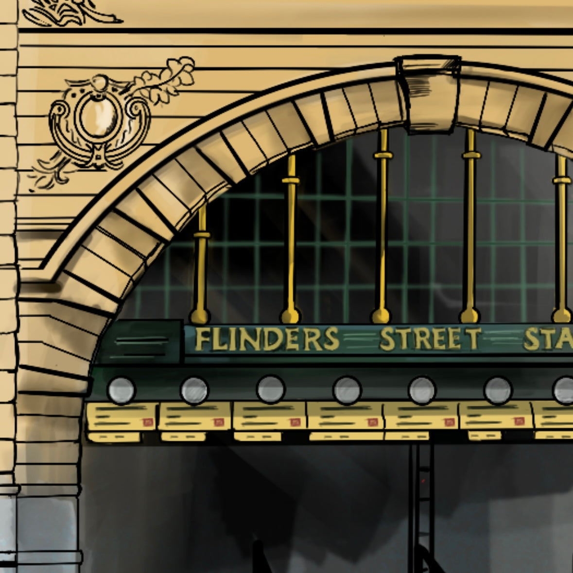 Close-up digital artwork of Flinders Street Station in Melbourne, focusing on the main entrance and intricate stone mouldings, including the iconic arched windows, ornate sandstone carvings, and decorative green copper dome, rendered in rich detail and warm urban tones to highlight the building’s Edwardian Baroque architecture.