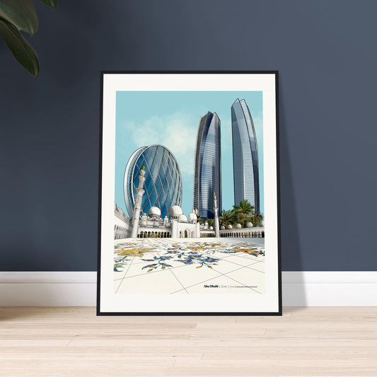 Framed  Abu Dhabi artwork of modern architectural buildings featuring Sheikh Zayed Mosque, Aldar HQ, and Etihad Towers
