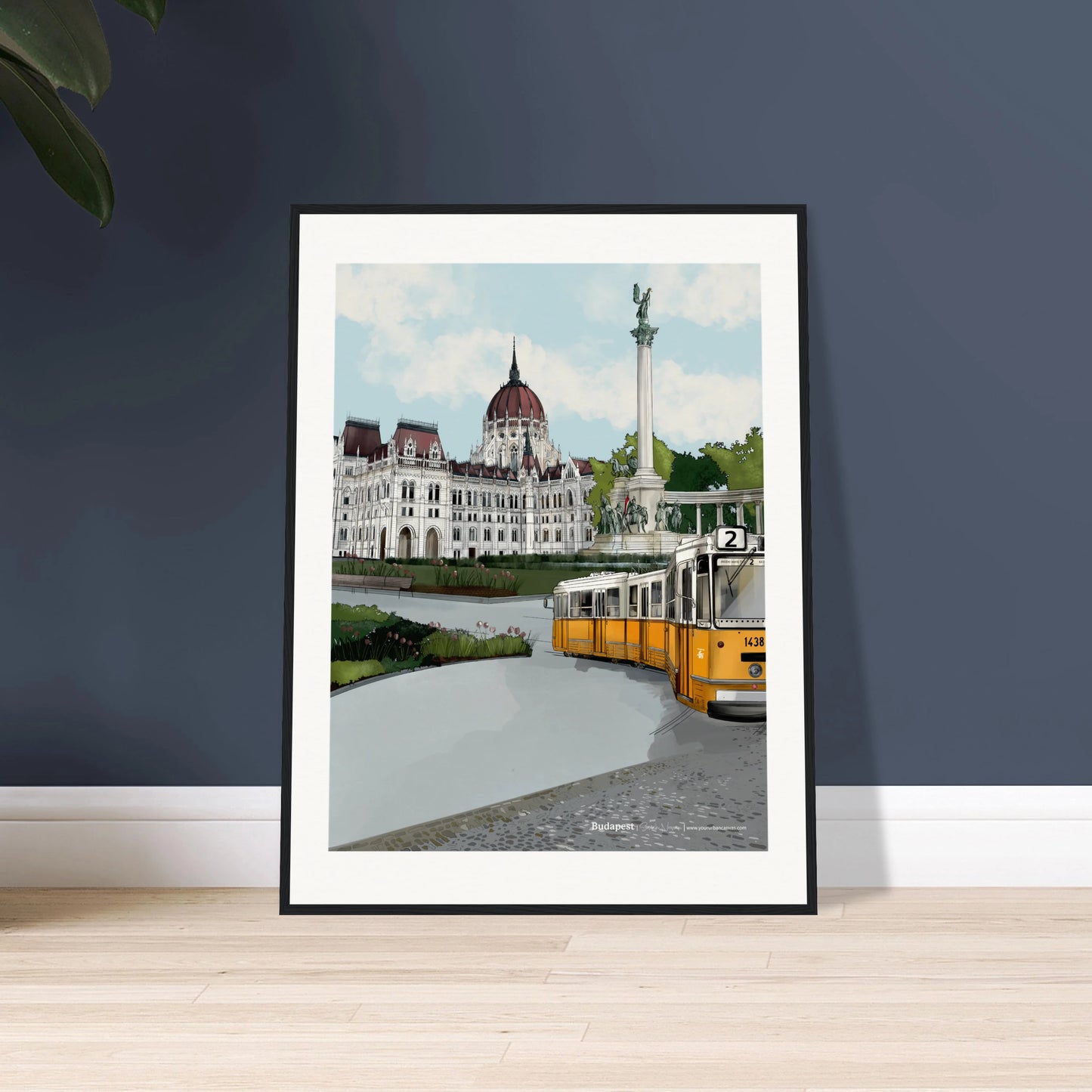 Digital painting of Budapest featuring the iconic Parliament Building, Heroes' Square statues, and a yellow tram along the Danube River. Vibrant cityscape artwork showcasing Hungarian architecture, historical landmarks, and urban charm. Ideal for travel lovers, art enthusiasts, and expats exploring Budapest