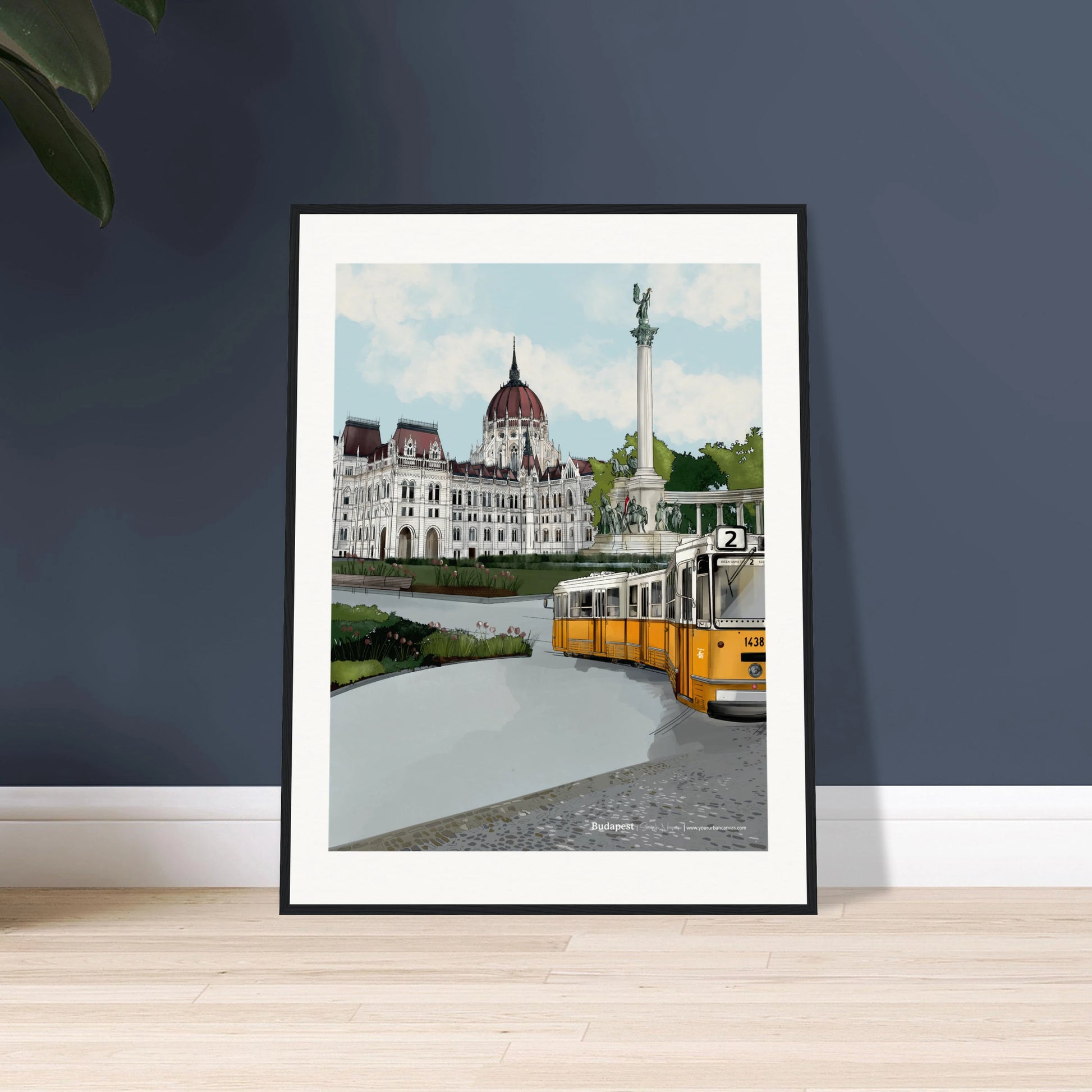 Digital painting of Budapest featuring the iconic Parliament Building, Heroes' Square statues, and a yellow tram along the Danube River. Vibrant cityscape artwork showcasing Hungarian architecture, historical landmarks, and urban charm. Ideal for travel lovers, art enthusiasts, and expats exploring Budapest