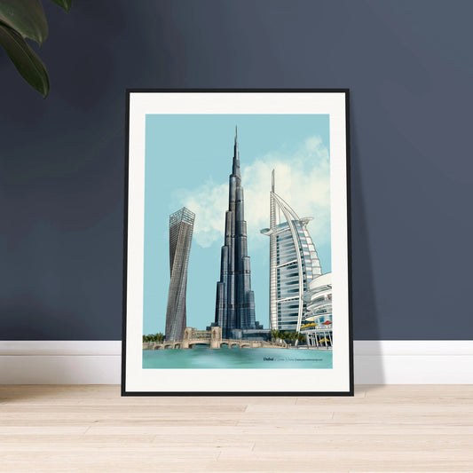Framed Dubai artwork of a cityscape  -  featuring Burj Khalifa, Burj Al Arab, Cayan Tower, and Dubai Mall by artist Sarah Noonan