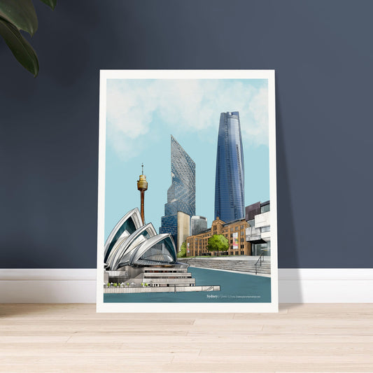 Digital artwork of Sydney City and Harbour View displayed against a dark wall interior.