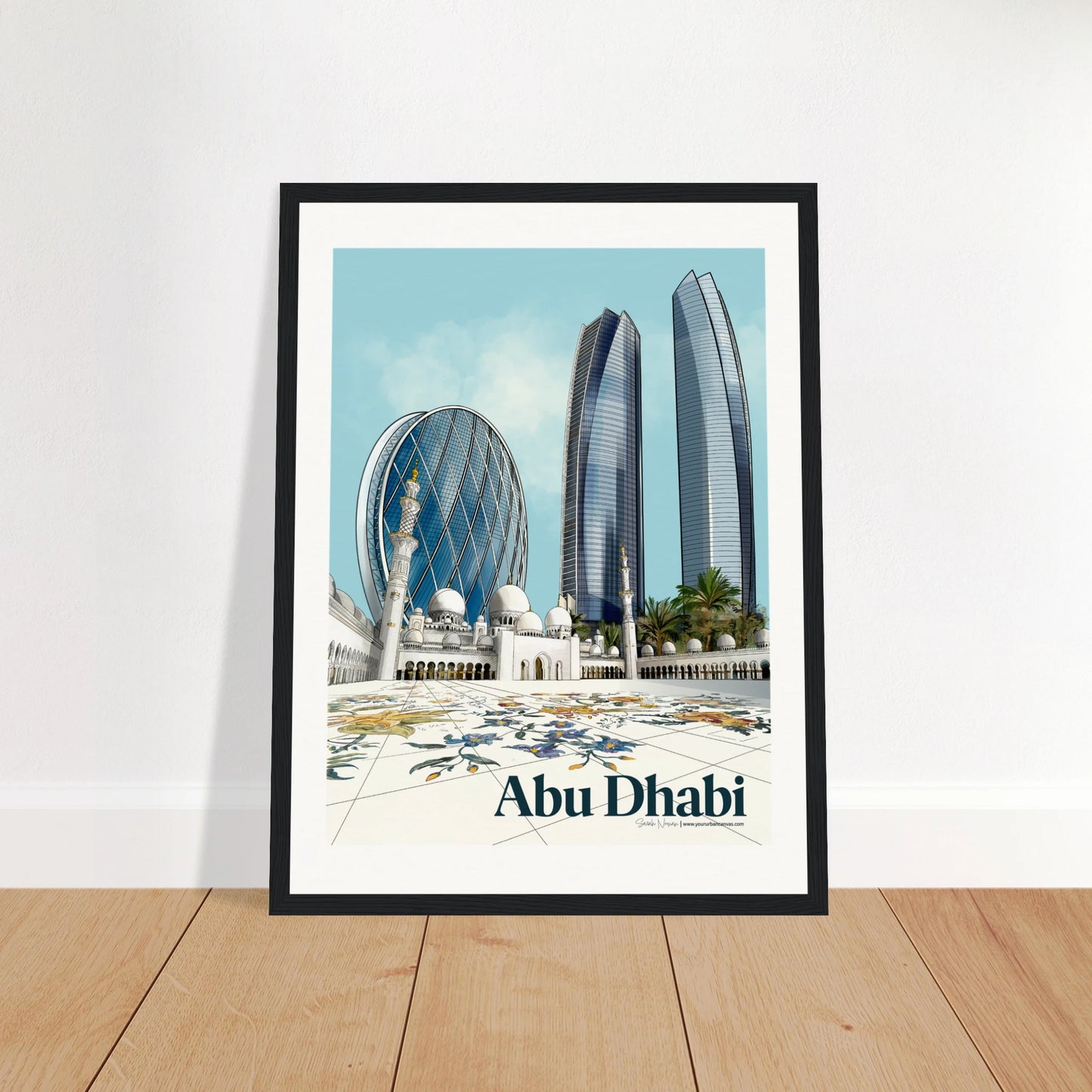 Abu Dhabi - Elegant Bold Typography city print, 30x40cm in black frame, Etihad Towers and mosque view