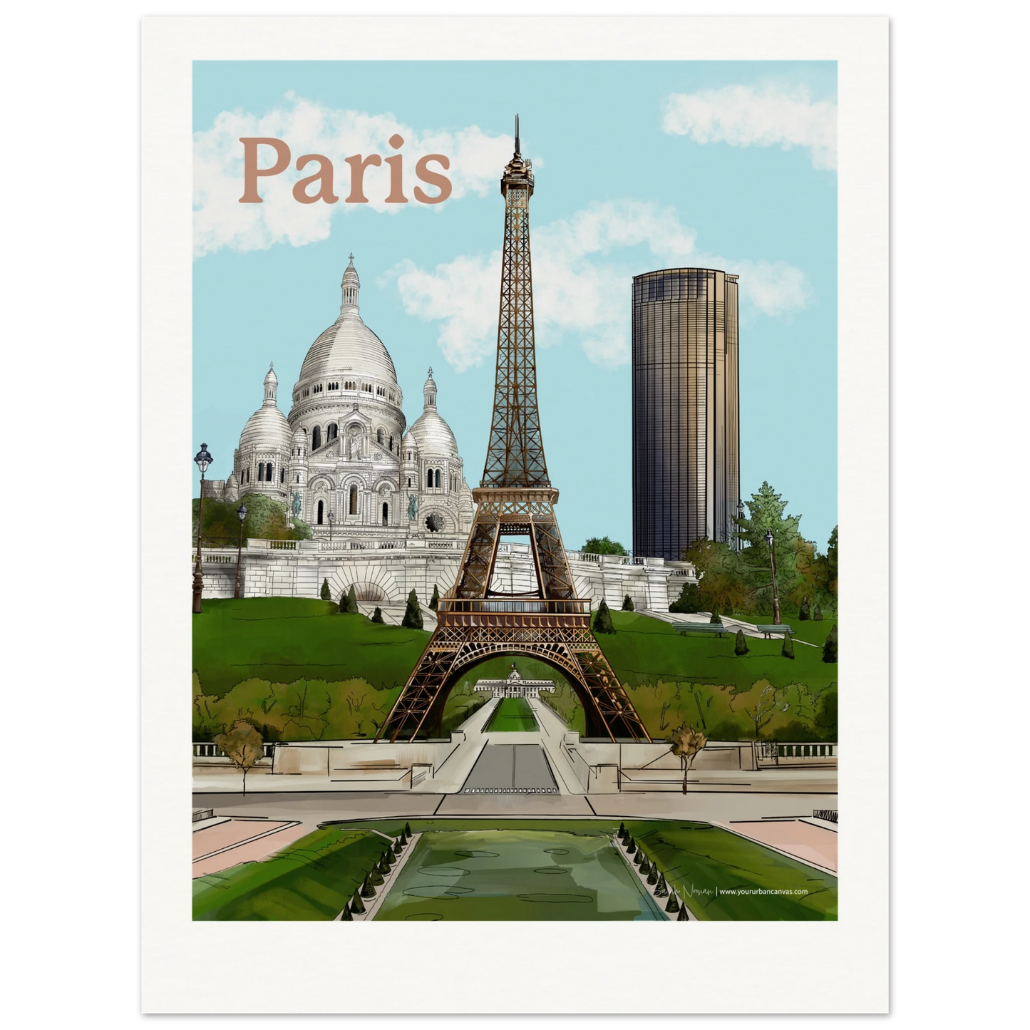 Paris - Add a message to your Bold Typography city print, showcasing the Eiffel Tower sparkling against a golden skyline, the artistic charm of Sacre-Coeur, and the elegant height of Tour Montparnasse. Each piece brings the magic, history, and modern vibrance of Paris directly into your home or office