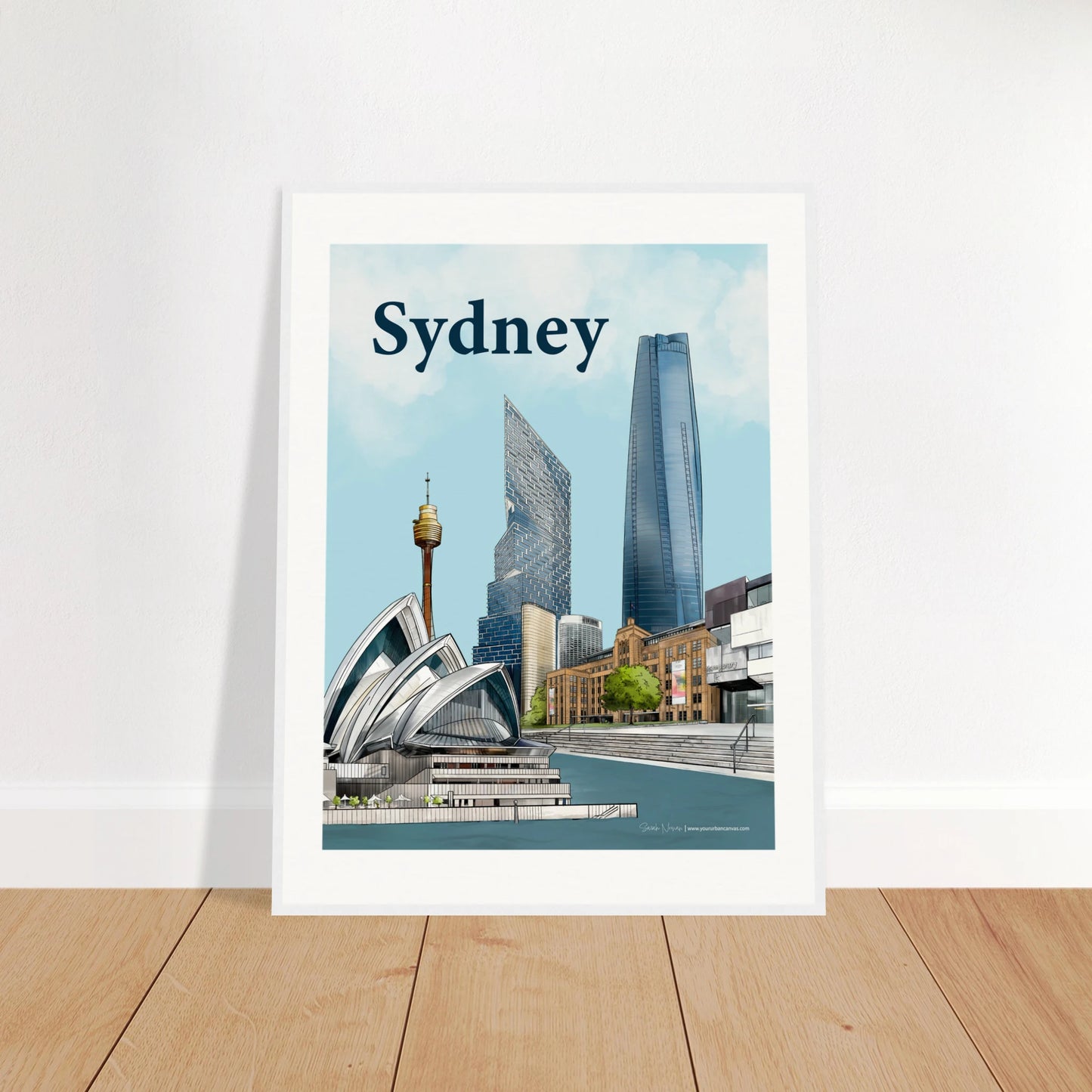 Sydney - Bold Typography print, size 45x60cm, framed in white wood, capturing Sydney's architectural beauty with the Opera House, MCA, Sydney Harbour, and a contemporary skyline.