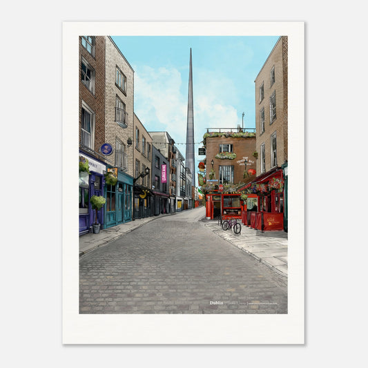 Dublin - Personalised Subtle Title print 30x40cm, featuring the vibrant charm of Temple Bar's cobbled streets, live music venues, The Temple Bar Inn, and The Spire, customised with your chosen text.