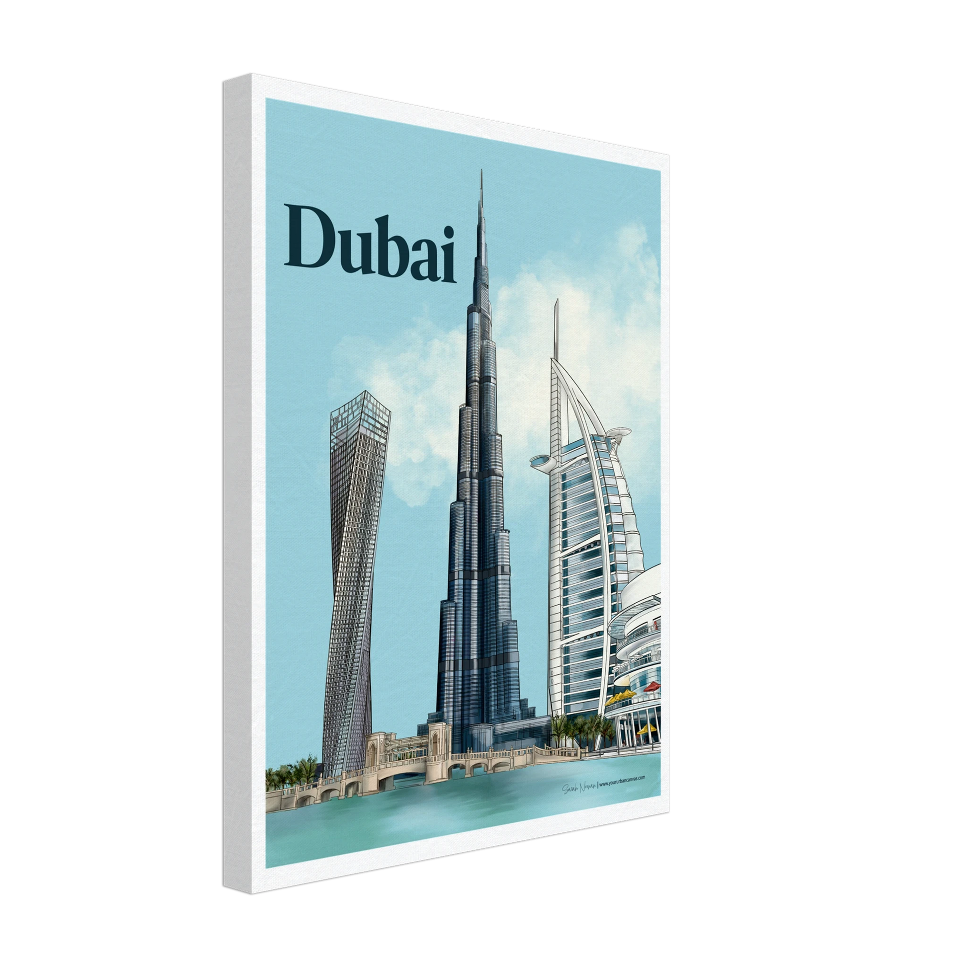 Dubai - Bold Typography city canvas, 30x40cm - striking, artistic rendering of Burj Khalifa, Burj Al Arab, Cayan Tower, and Dubai Mall, bringing Dubai's dynamic skyline to life in your space.