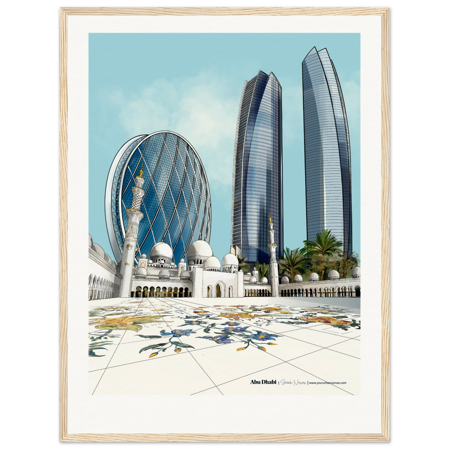 Abu Dhabi - Add a message to make this special - Elegant CItyscape, 45x60cm with natural wood frame - featuring Sheikh Zayed Mosque, Aldar HQ, and Etihad Towers - wall art by Your Urban Canvas