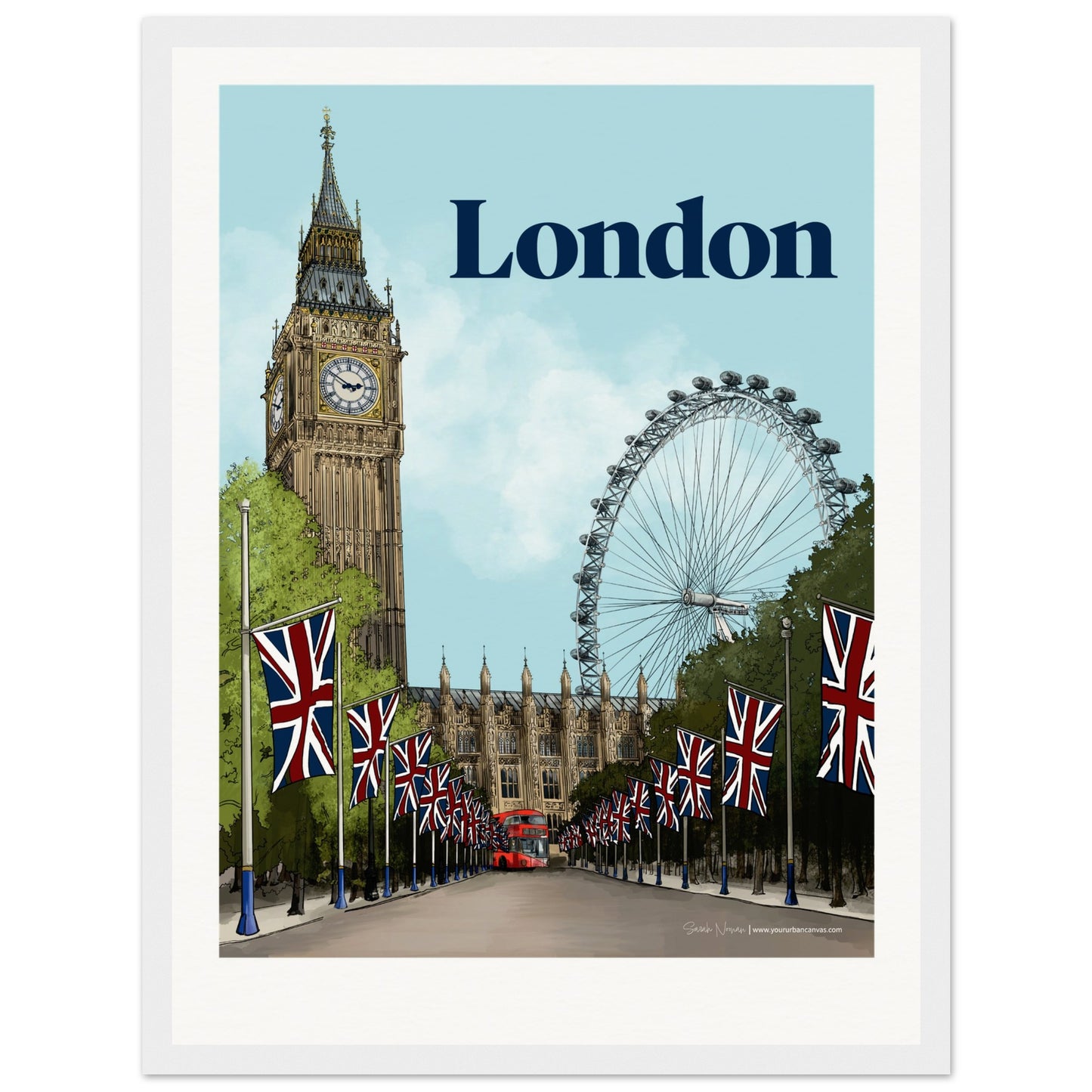 London - Personalised Bold Typography print, size 30x40cm, framed in white, offering a bright and contemporary customized artwork of London's landmarks.