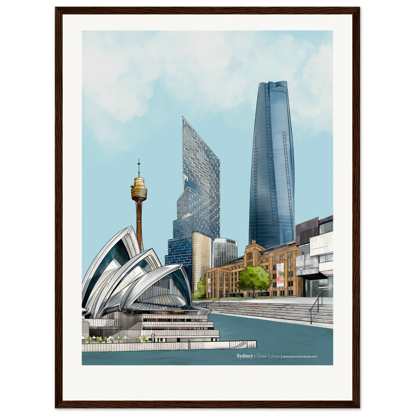 Customise your Sydney print, size 45x60cm, framed in white, highlighting the iconic Sydney Harbour, Sydney Opera House, and the Museum of Contemporary Art.