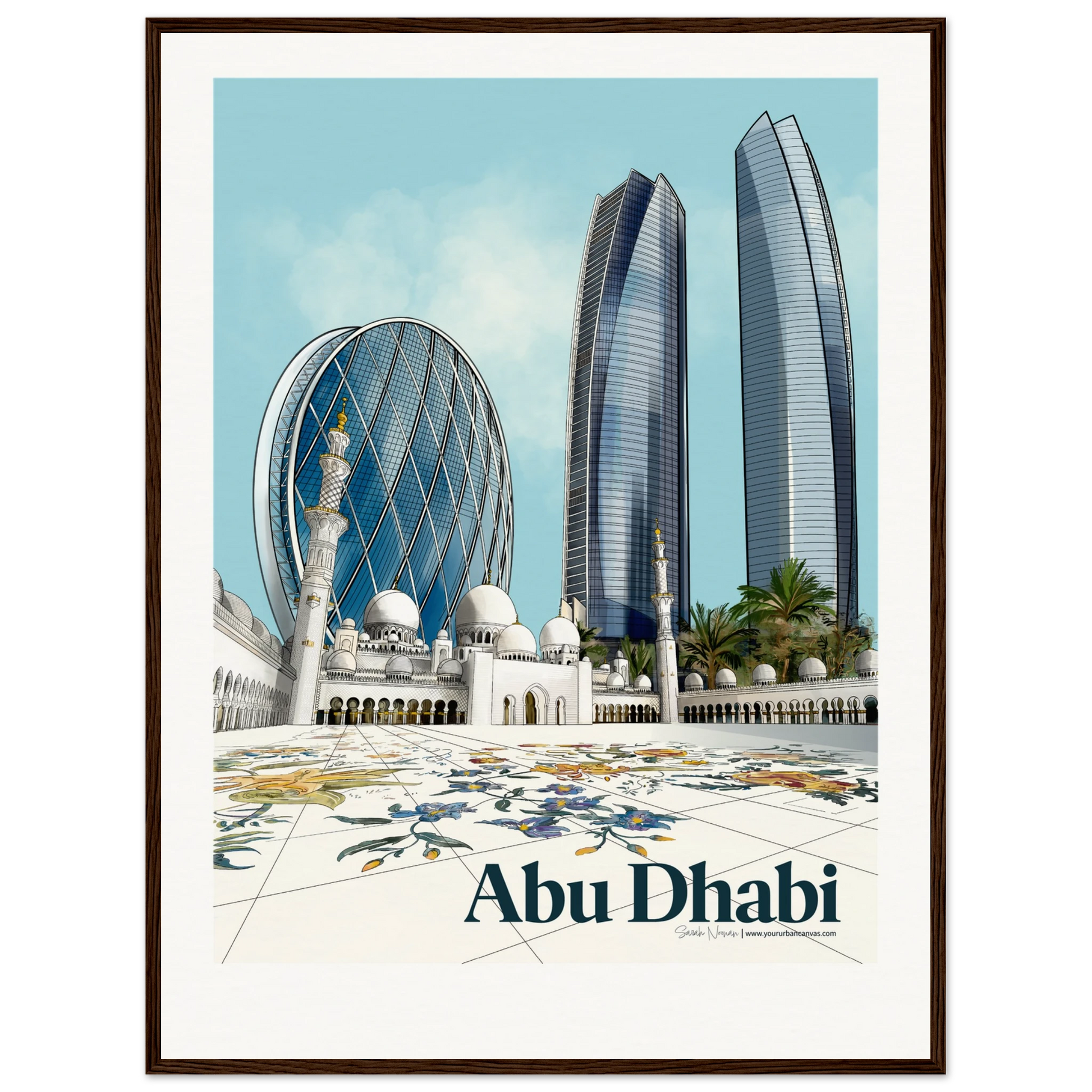 Abu Dhabi - Elegant Bold Typography city print, 60x80cm - Large Abu Dhabi framed print in dark wood, Sheikh Zayed, Aldar HQ. Architectural Details and vibrant colours. 