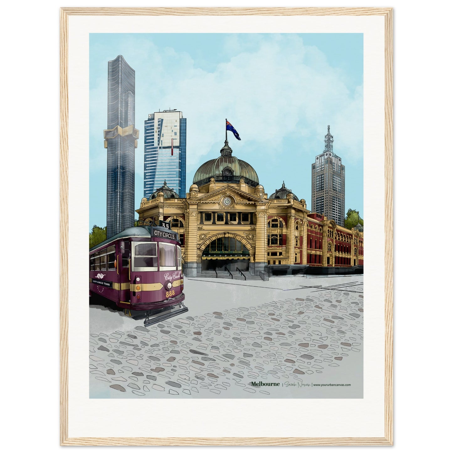 Melbourne - Personalised Subtle Title print, size 45x60cm, framed in natural wood, blending Melbourne's urban energy with a warm, custom touch.