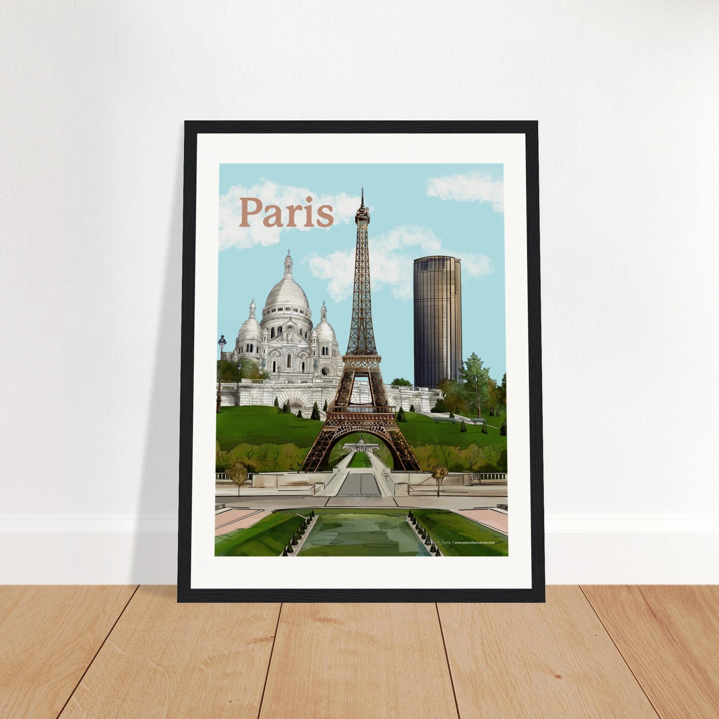 Paris - Bold Typography city print, 30x40cm with black frame - highlighting the Eiffel Tower,  Sacre-Coeur, and Tour Montparnasse, capturing the contrast of Parisian architecture against a warm city glow.