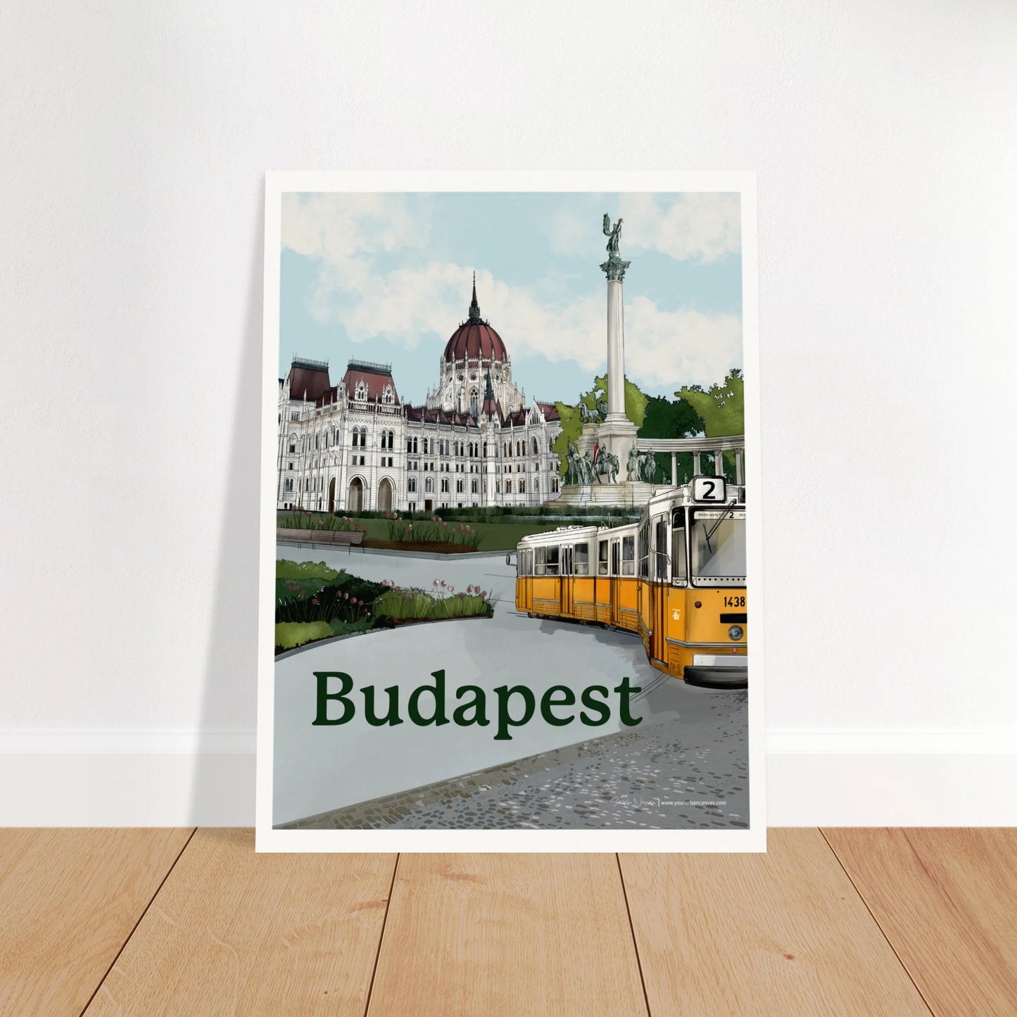 Budapest - Bold Typography print, size 60x80cm, featuring Budapest's architectural highlights, from the grand Parliament to Heroes' Square and the famous yellow tram.