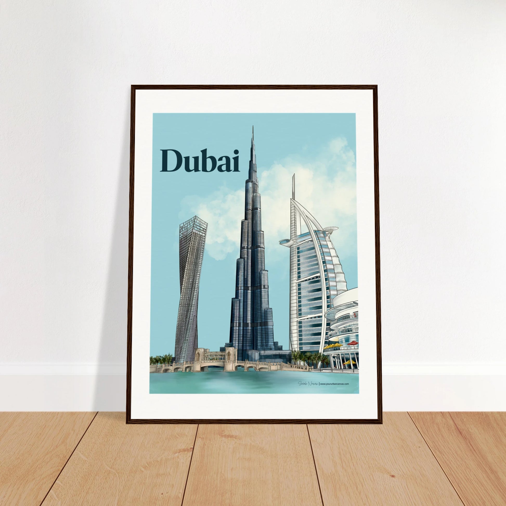 Dubai - Bold Typography city print, 60x80cm with dark wood frame - showcasing Burj Khalifa, Burj Al Arab, Cayan Tower, and Dubai Mall in vivid, striking detail. A statement wall art piece for modern interiors.