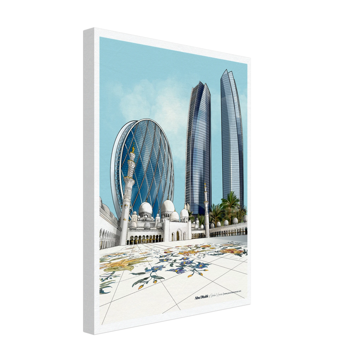 Abu Dhabi - Elegant Subtle Titled city print, 30x40cm - Sheikh Zayed Mosque, Aldar HQ, and Etihad Towers - modern wall art by Your Urban Canvas