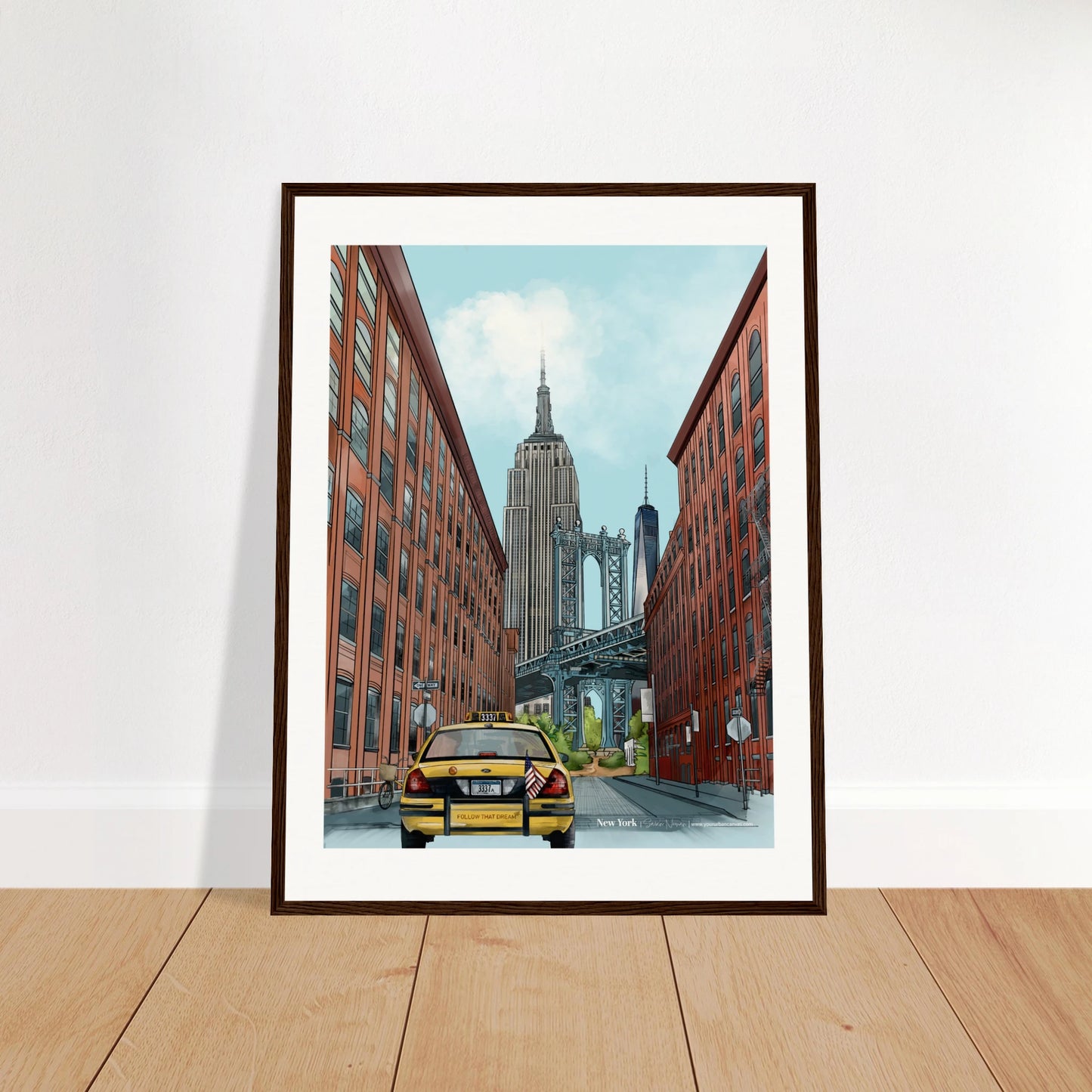 New York - Subtle Title print, size 45x60cm, framed in dark wood, focusing on the iconic Dumbo Manhattan Bridge view with the Empire State Building and One World Trade Center.