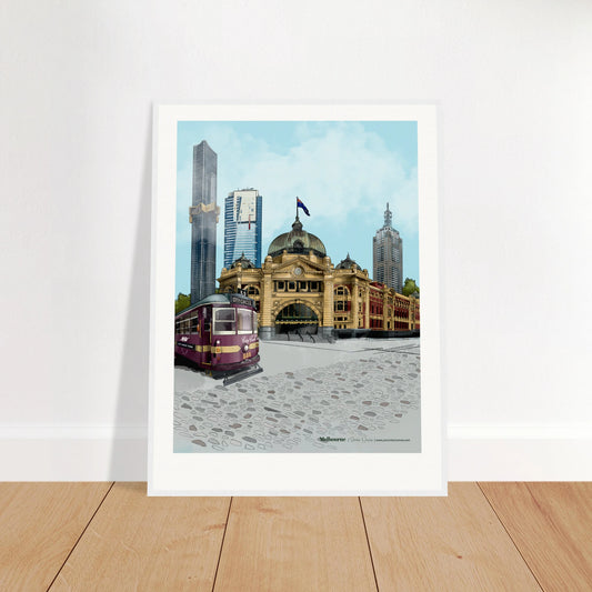 Melbourne - Subtle Title print, size 60x80cm, framed in white, offering a delicate and balanced perspective of the city's most recognizable landmarks.