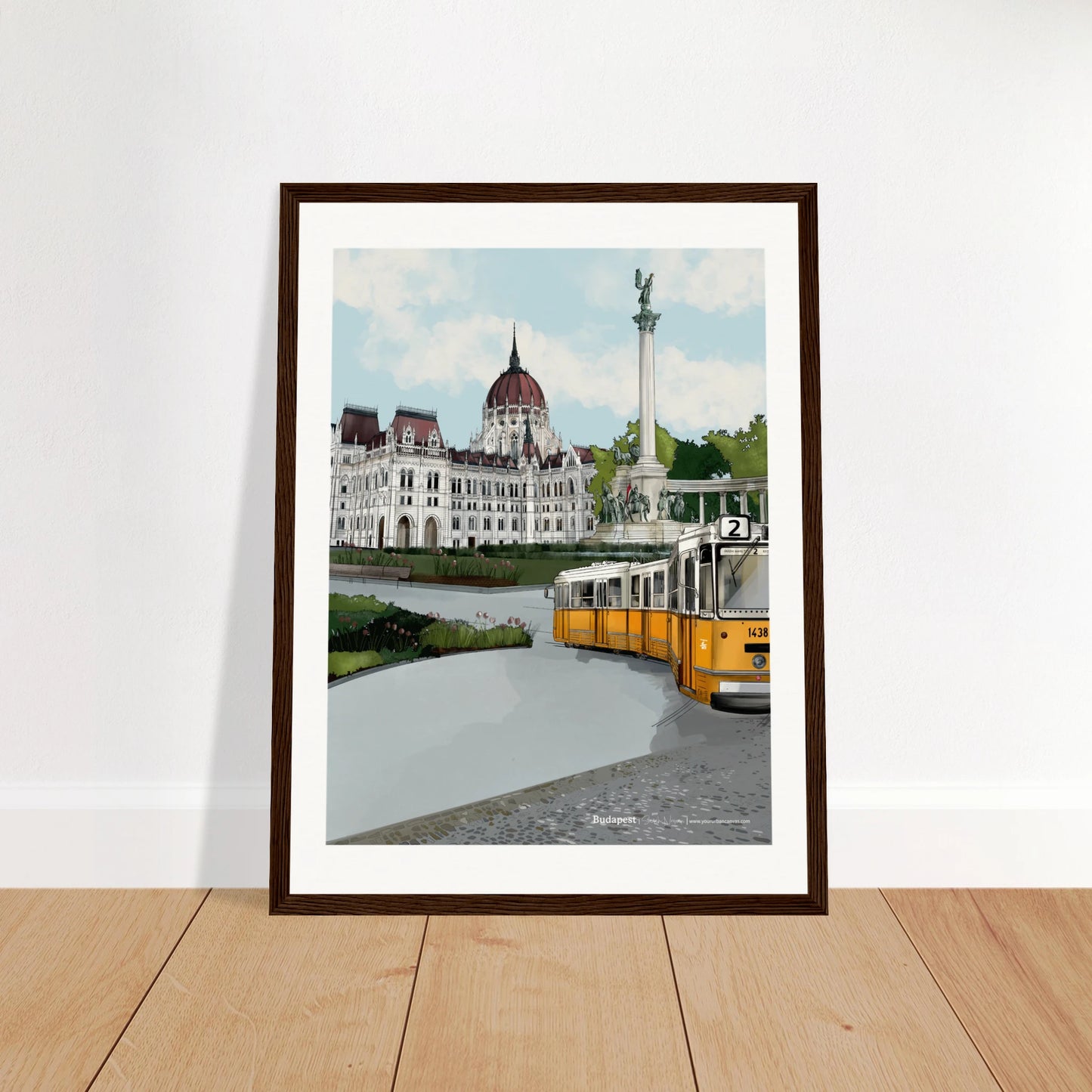 Budapest - Subtle Title print, size 30x40cm, framed in dark wood, showcasing the Hungarian Parliament Building, Heroes' Square, and the yellow tram rolling along the cobbled streets of Budapest.