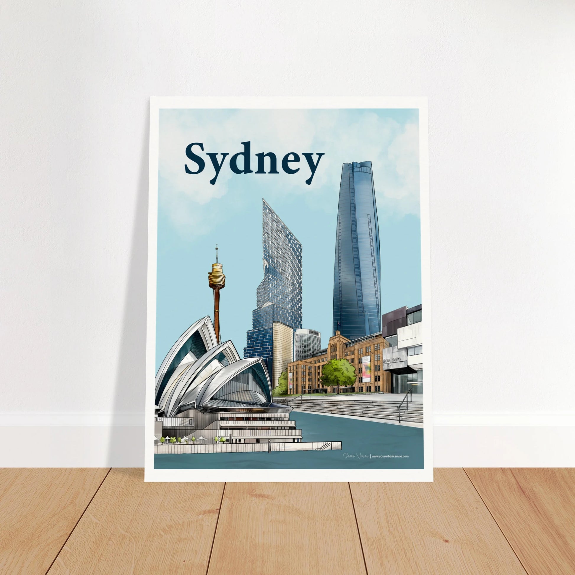 Sydney - Bold Typography print, size 45x60cm, featuring the Sydney Opera House, MCA, Sydney Harbour, One Barangaroo, Quay Quarter Tower, and Sydney Tower Eye.