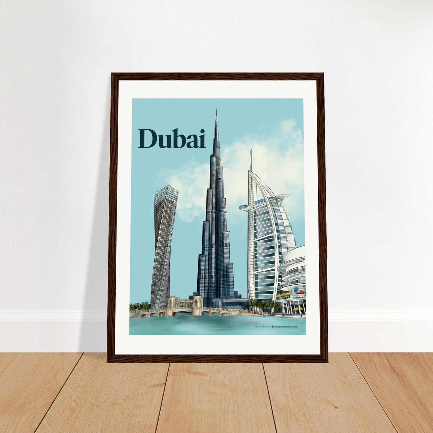 Dubai - Bold Typography city print, 30x40cm with dark wood frame - showcasing Burj Khalifa, Burj Al Arab, Cayan Tower, and Dubai Mall in vivid, striking detail. A statement wall art piece for modern interiors.