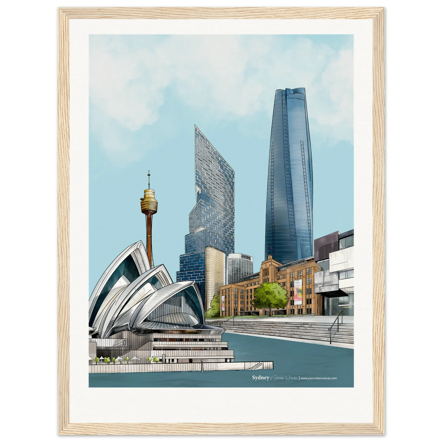 Add a message to this Sydney Print, size 30x40cm, framed in wood, featuring Sydney's stunning landmarks like the MCA, Sydney Opera House, and Sydney Harbour.