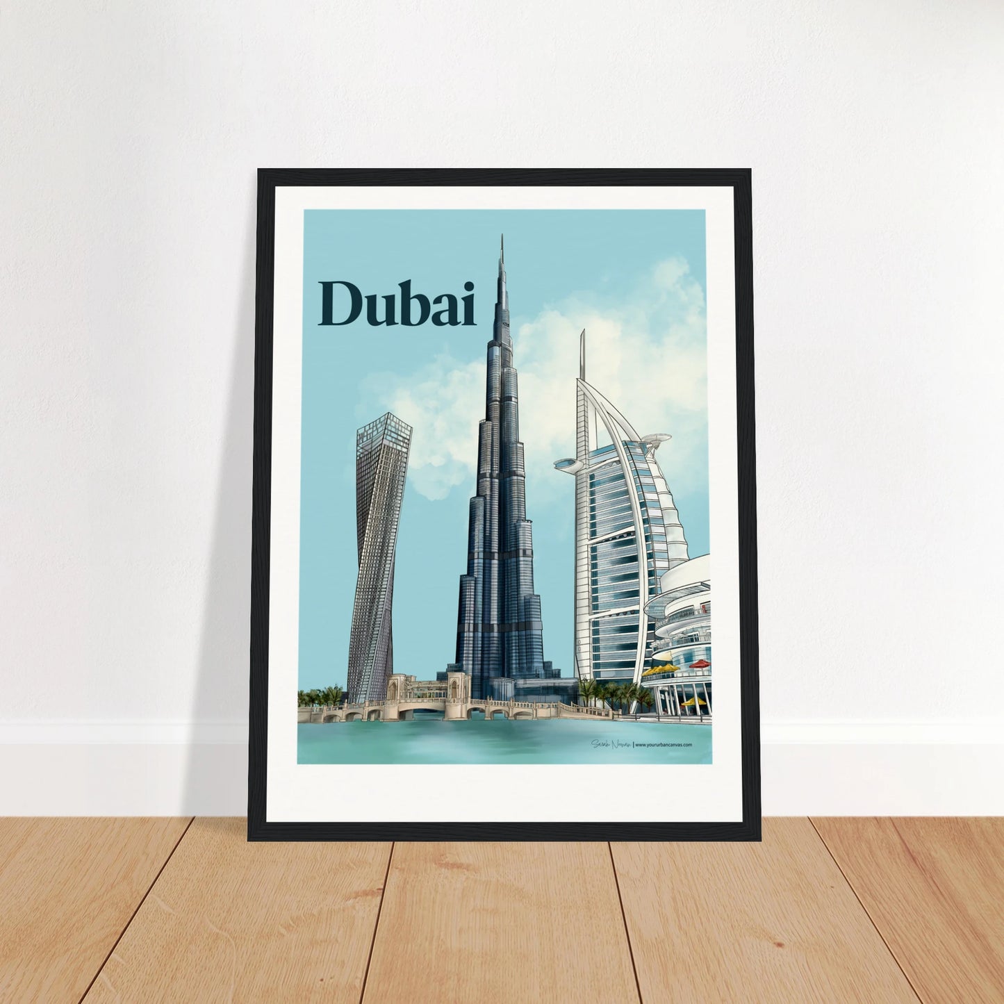 Dubai - Bold Typography city print, 30x40cm with black frame - featuring Burj Khalifa, Burj Al Arab, Cayan Tower, and Dubai Mall in bold tones, perfect for contemporary wall decor.