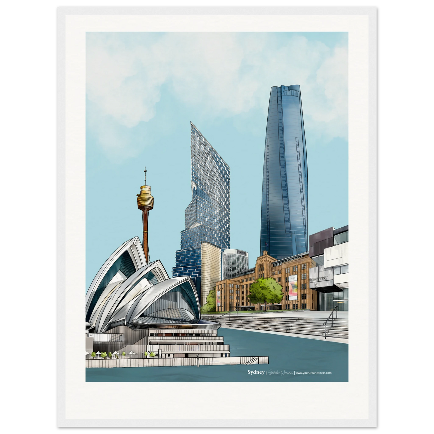 Customise your Sydney print, size 45x60cm, framed in white, highlighting the iconic Sydney Harbour, Sydney Opera House, and the Museum of Contemporary Art.