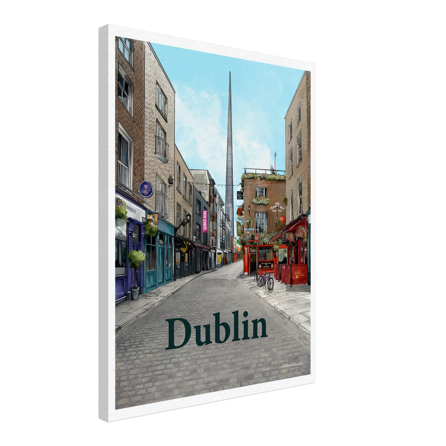 Dublin - Bold Typography on canvas, size 45x60cm, capturing the lively atmosphere of Temple Bar, with period buildings, The Temple Bar Inn, and The Spire in the background