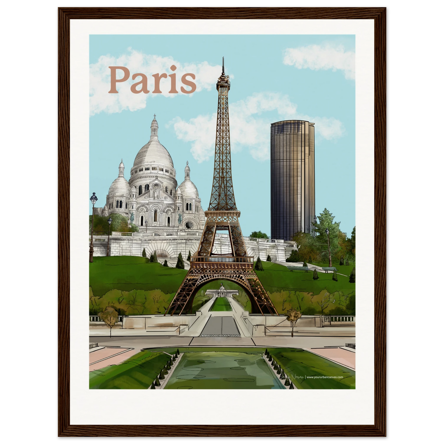 Paris - Add a message to your  Bold Typography city print, 30x40cm with dark wood frame - featuring the Eiffel Tower, Sacre-Coeur, and Tour Montparnasse with surrounding green lawns in front of the Ecole Militaire. A sophisticated wall art piece that combines iconic landmarks with classic framing