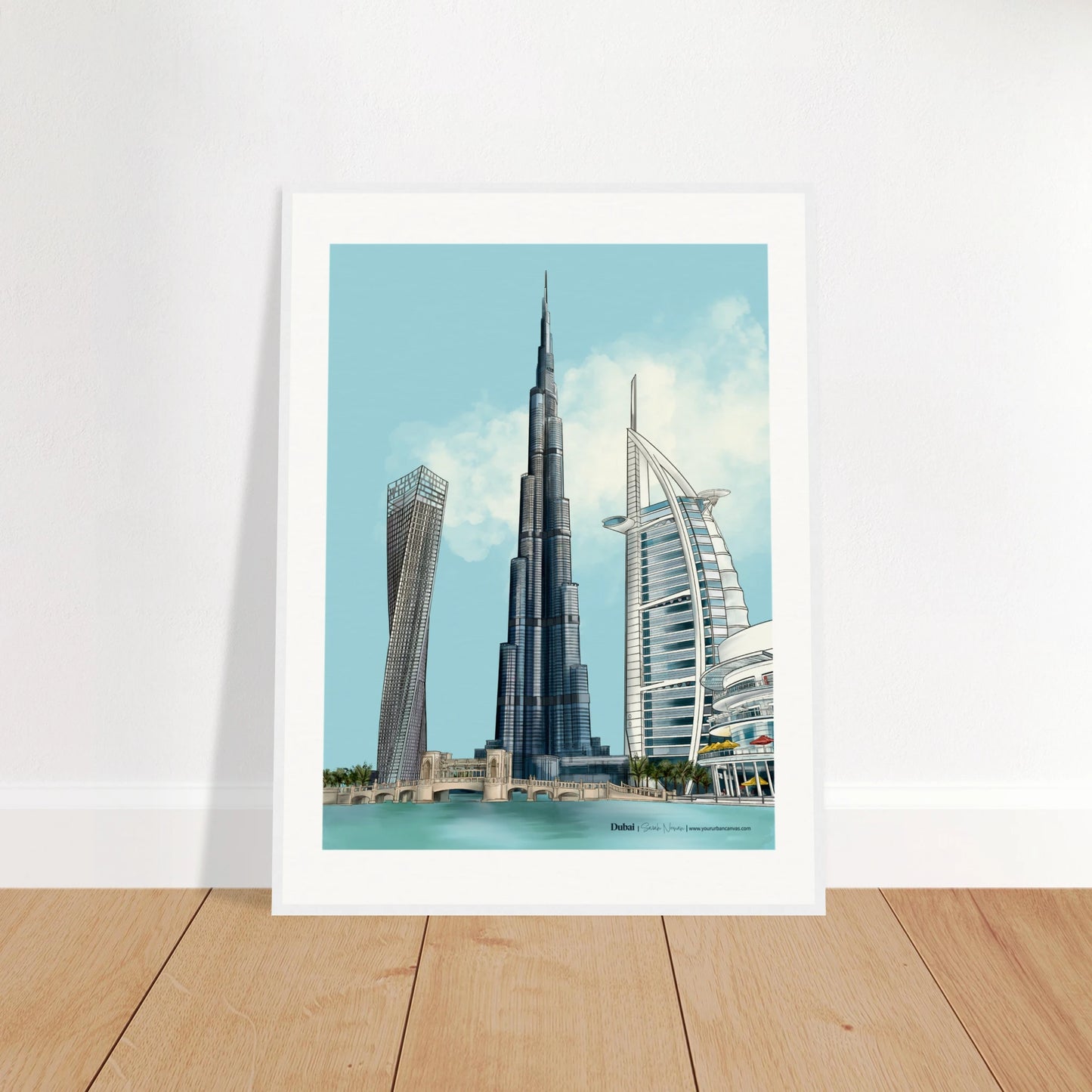Dubai - Subtle Typography city print,  60x80cm with white frame - highlighting Burj Khalifa, Burj Al Arab, Cayan Tower, and Dubai Mall in delicate shades for a bright, elegant display.