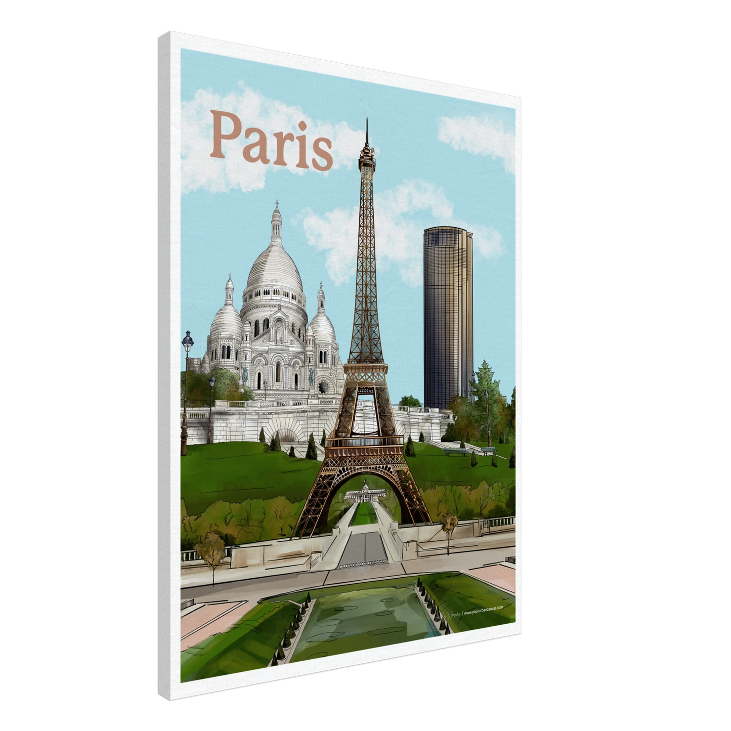 Paris - Bold Typography city canvas, 60x80cm, a modern interpretation of the Eiffel Tower,  Sacre-Coeur, and Tour Montparnasse, with a bold, artistic brush capturing the charm, history, and energy of the City of Light.