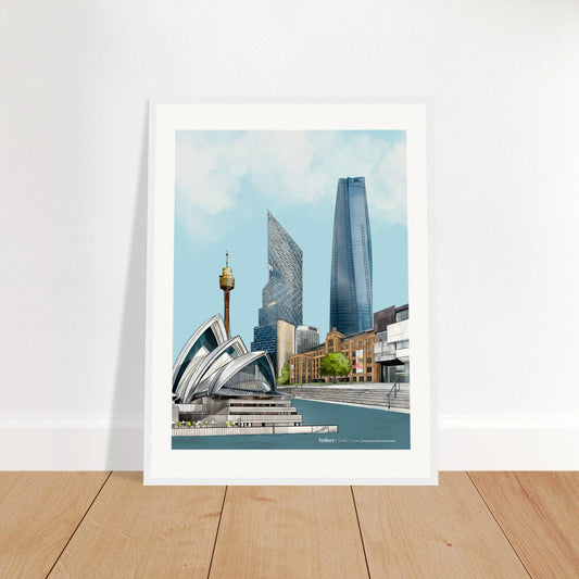 Sydney - Subtle Title print, size 45x60cm, framed in white, highlighting the iconic Sydney Harbour, Sydney Opera House, and the Museum of Contemporary Art.