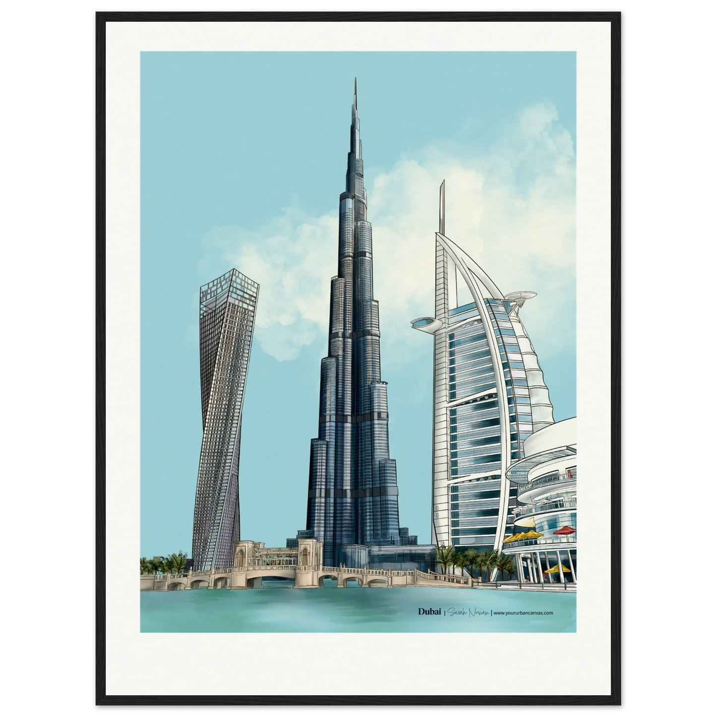 Personalised Dubai subtle typography city print, 60x80cm with black frame - understated skyline artwork highlighting Dubai's iconic landmarks, finished with bespoke typography for a calm, contemporary display